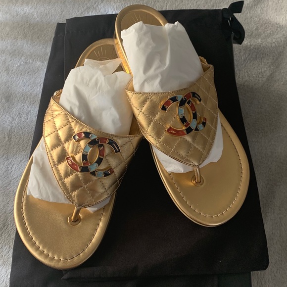 chanel gold sandals